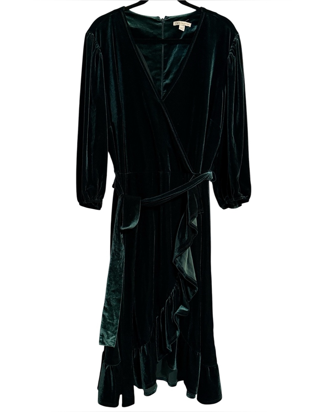 Cato Dark Green Velvet Feel Surplice Top Long Sleeve Belted Dress